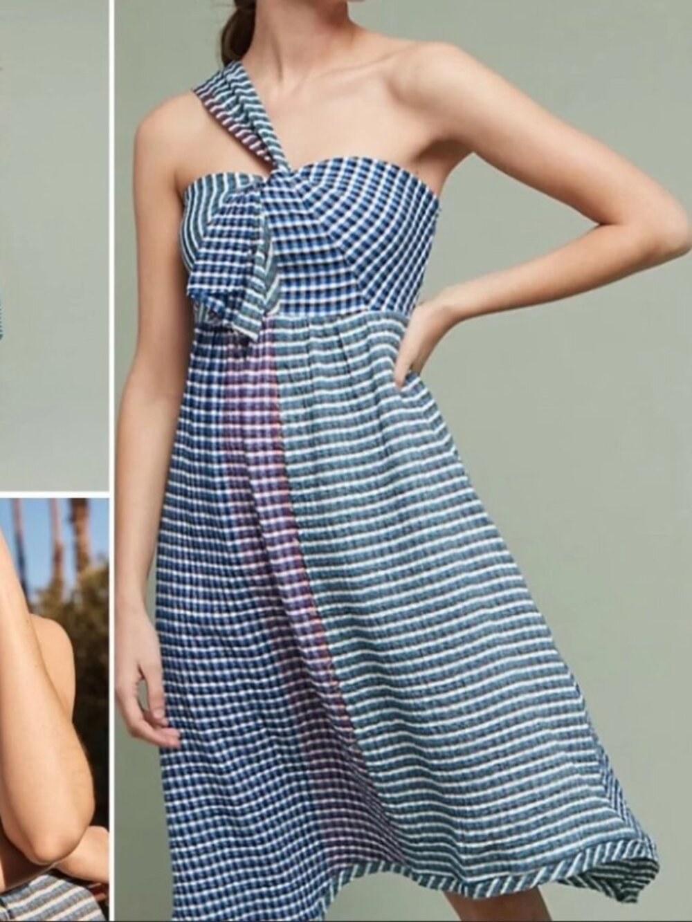 C117 Anthropologie Blue and Green Checkered Midi Dress